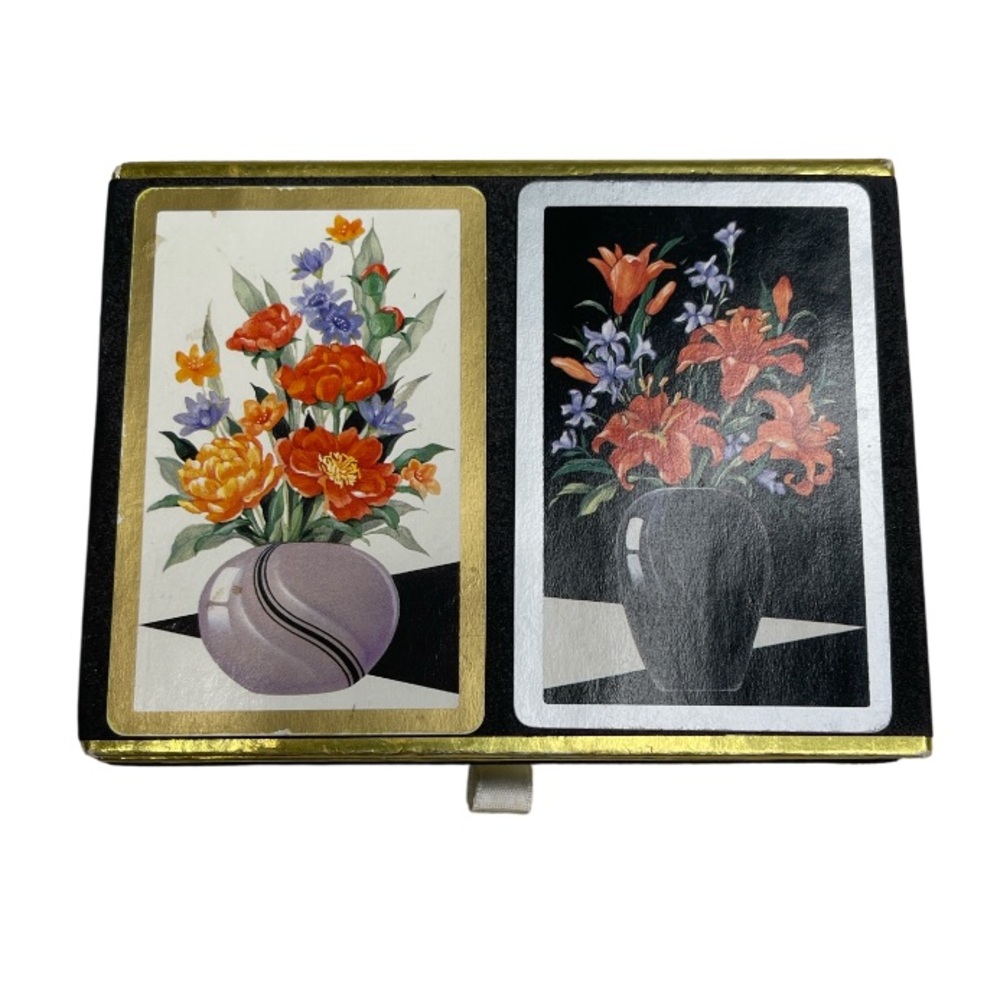 Vintage 80’s Double Deck Art Deco Floral Playing Cards Set Velvet Pull Slide Box